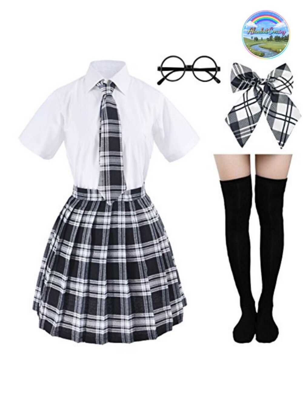 Tartan Pleated School Uniform Cosplay Costume Set with Socks & Glasses